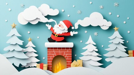 Joyful character in red suit sliding down brick chimney during holiday season celebration