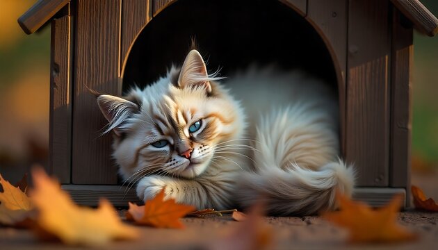 Adorable fluffy cat with striking blue eyes resting peacefully in a cozy wooden dog house surrounded by autumn leaves in golden sunlight - Powered by Adobe