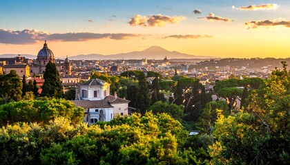 Obraz premium Panoramic sunset view of a historic city, showcasing classical architecture nestled amidst lush greenery, with a distant volcano visible on the horizon