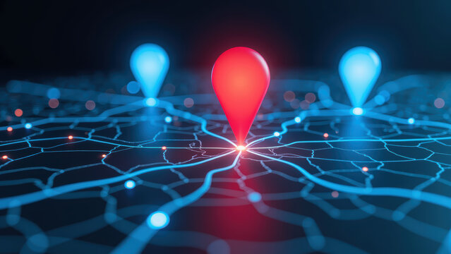 Digital map with location markers, featuring prominent red pin among blue pins, representing navigation and connectivity