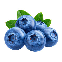Obraz premium Fresh Blueberries with Green Leaves Cluster, isolated on a transparent background
