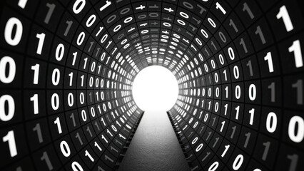 Digital tunnel filled with binary code creates futuristic and abstract atmosphere, symbolizing technology and data flow