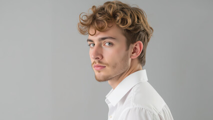 Obraz premium Young man with curly hair poses against gray background, showcasing stylish white shirt. His expression is thoughtful and confident, capturing