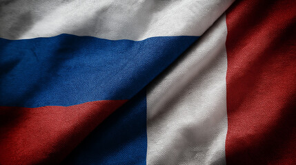 Fototapeta premium Russia and france flags intertwined symbolic representation textile art close-up diplomatic relations