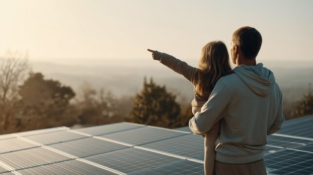 A father and daughter stand together, overlooking a landscape while pointing at solar panels, symbolizing a bright, sustainable future. - Powered by Adobe