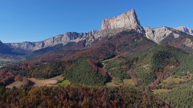Mont Aiguille mountain peak in autumn (aerial view). Vercors Regional Natural Park, Trieves region, Isere, Alps, France