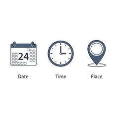 Calendar clock and map pin icons for date time place isolated on white background