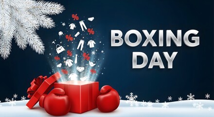 Illustration of boxing day sale with open gift box and boxing gloves on blue background