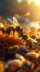 Bees on Honeycomb with Golden Sunlight Macro Shot