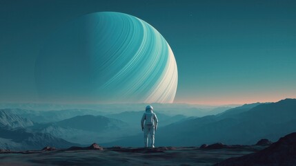 Obraz premium An astronaut stands on a rugged landscape, gazing at a large, colorful planet hanging in the sky, creating a surreal and otherworldly atmosphere.
