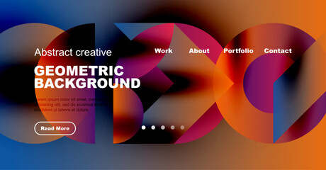Fototapeta premium Vibrant abstract background features geometric shapes, text overlays, navigation menu. Modern design suitable for website header or presentation.