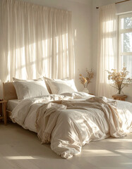 Cozy sunlit bedroom with soft white linen bedding inviting atmosphere minimalist design warmth and serenity