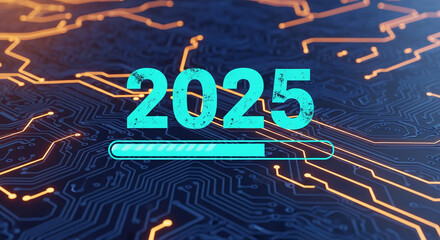 Digital image with the number 2025 and a progress bar over a circuit board, representing progress, technology and the future