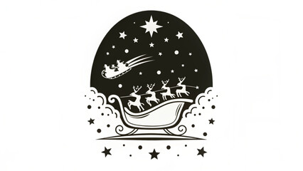 Fototapeta premium Illustration of santa claus in a sleigh pulled by reindeer flying through a starry night sky scene