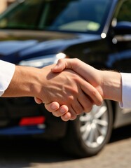 Two hands shaking in front of a black car, symbolizing agreement and partnership