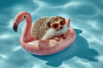 Relaxed Hedgehog in Oversized Sunglasses on Pink Flamingo Pool Float