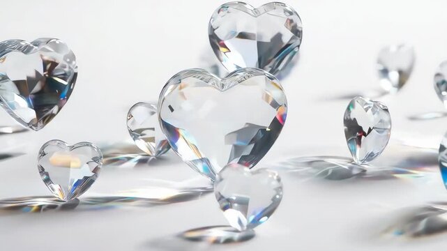 Tumbling Glass Hearts with Light Refraction - Elegant Background. Ideal for luxury, beauty, and modern romantic themes.