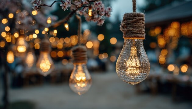 Warm Edison bulbs hang from a tree