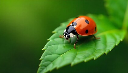 Fototapeta premium Vibrant ladybug with black spots pauses on a lush green leaf, showcasing intricate natural detail and macro beauty