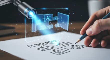 AI automation concept shows futuristic workflow design with hand creating digital solution plan