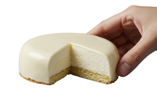 Exquisite white chocolate mousse cake, clean slice showing velvety cream, biscuit base, held by graceful hand. transparent background, concept of delicate indulgence.
