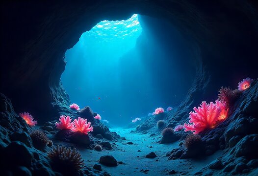 Vibrant underwater cave reveals luminous coral formations bathed in ethereal sunlight filtering from above - Powered by Adobe