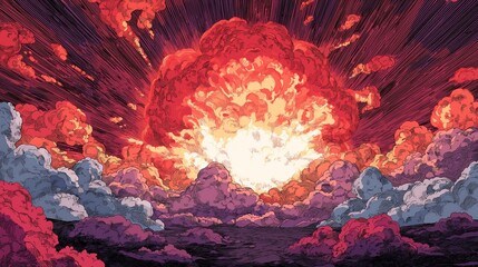 A vibrant, illustrated explosion radiates fiery colors and dynamic clouds, exemplifying powerful energy and dramatic transformation in the sky.