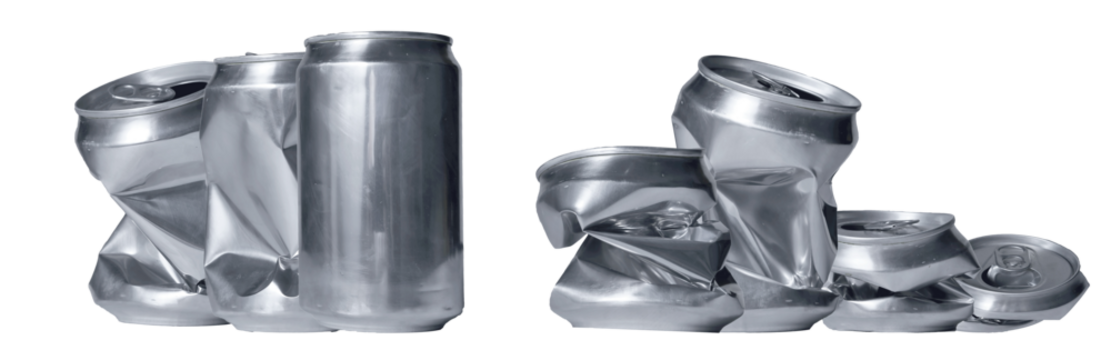 comparison of new and crushed aluminum cans in two separate groups