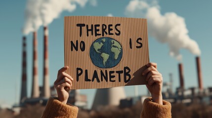 A person holds a sign reading "There's no Planet B" in front of industrial smokestacks, highlighting environmental concerns and the urgency of climate action.