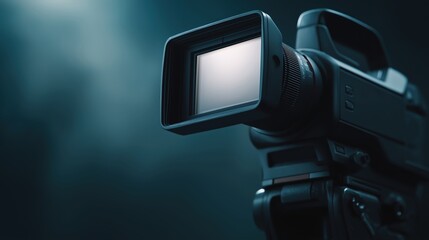 A close-up of a professional video camera lens, showcasing its intricate design against a softly lit background.