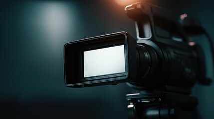 A close-up shot of a video camera with a dark background, showcasing its lens and body in a cinematic style.