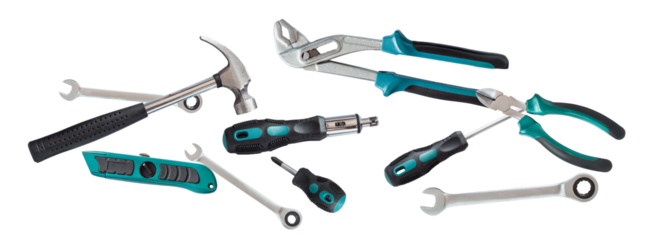 modern construction and repair hand tools scattered on a dark background