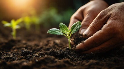 A close-up of hands planting a young seedling in rich soil, symbolizing growth and nurturing in gardening.