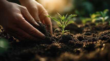 A close-up of hands planting a young seedling in rich soil, symbolizing growth, nurturing, and connection with nature in a sunlit environment.