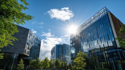 Modern glass buildings under a bright sky, surrounded by trees, capturing a vibrant and dynamic urban environment.