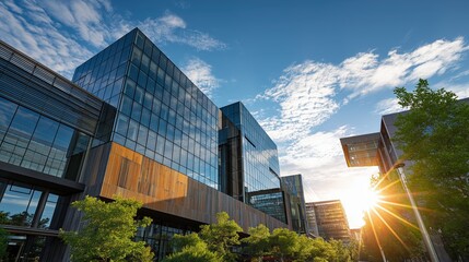 A modern architectural scene featuring glass buildings reflecting sunlight against a bright sky, surrounded by greenery.