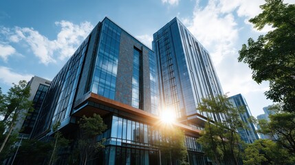 A modern glass building reflects sunlight against a backdrop of a bright sky, surrounded by greenery and urban architecture.