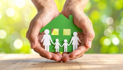 Two hands form a protective roof over a green house icon with a family silhouette on a grassy field, symbolizing eco-friendly living, safety, and community care in a sunlit natural setting.