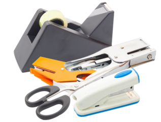 assortment of office stationery items on a clean white background