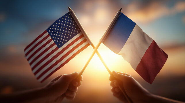 Celebrating unity american and french flags together at sunset symbolizing friendship and collaboration