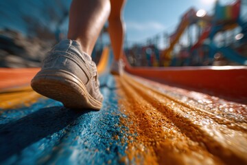 Close Up of Feet Walking on Colorful Playground Equipment Outdoors on Sunny Day