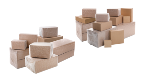 organized stacks of moving boxes and protective bubble wrap on transparent background
