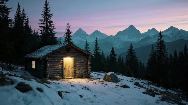 Snowy mountain cabin at twilight