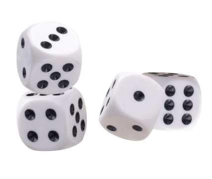 group of four white casino dice with black dots for games
