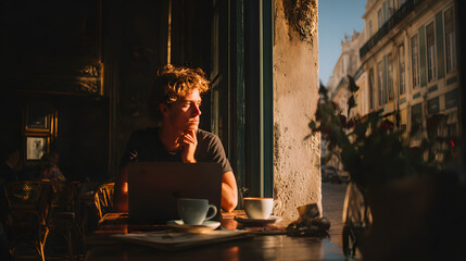 Digital Nomad Working from a Cafe in Europe	
