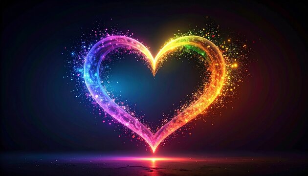 A glowing multicolored heart made of light trails and sparkles radiates against a dark background, symbolizing love, celebration, and vibrant emotional energy in a dynamic visual expression.
