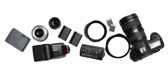 professional dslr camera and photography equipment arranged horizontally