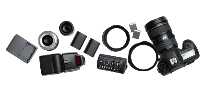 professional dslr camera and photography equipment arranged horizontally