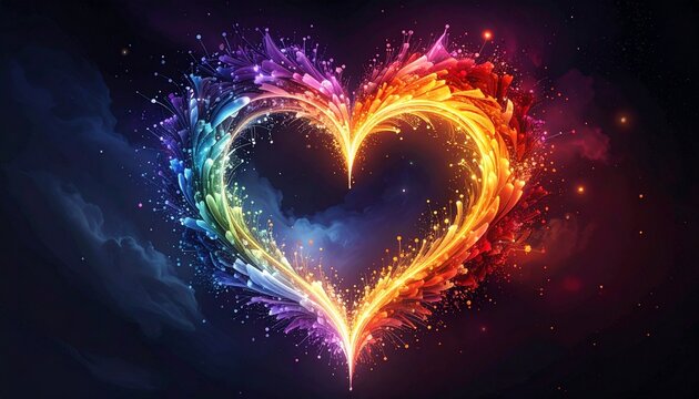 A glowing multicolored heart made of light trails and sparkles radiates against a dark background, symbolizing love, celebration, and vibrant emotional energy in a dynamic visual expression.