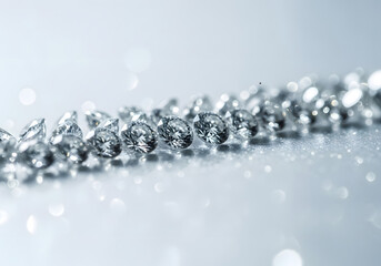 Closeup of sparkling diamonds on a shiny surface with bokeh lights effect